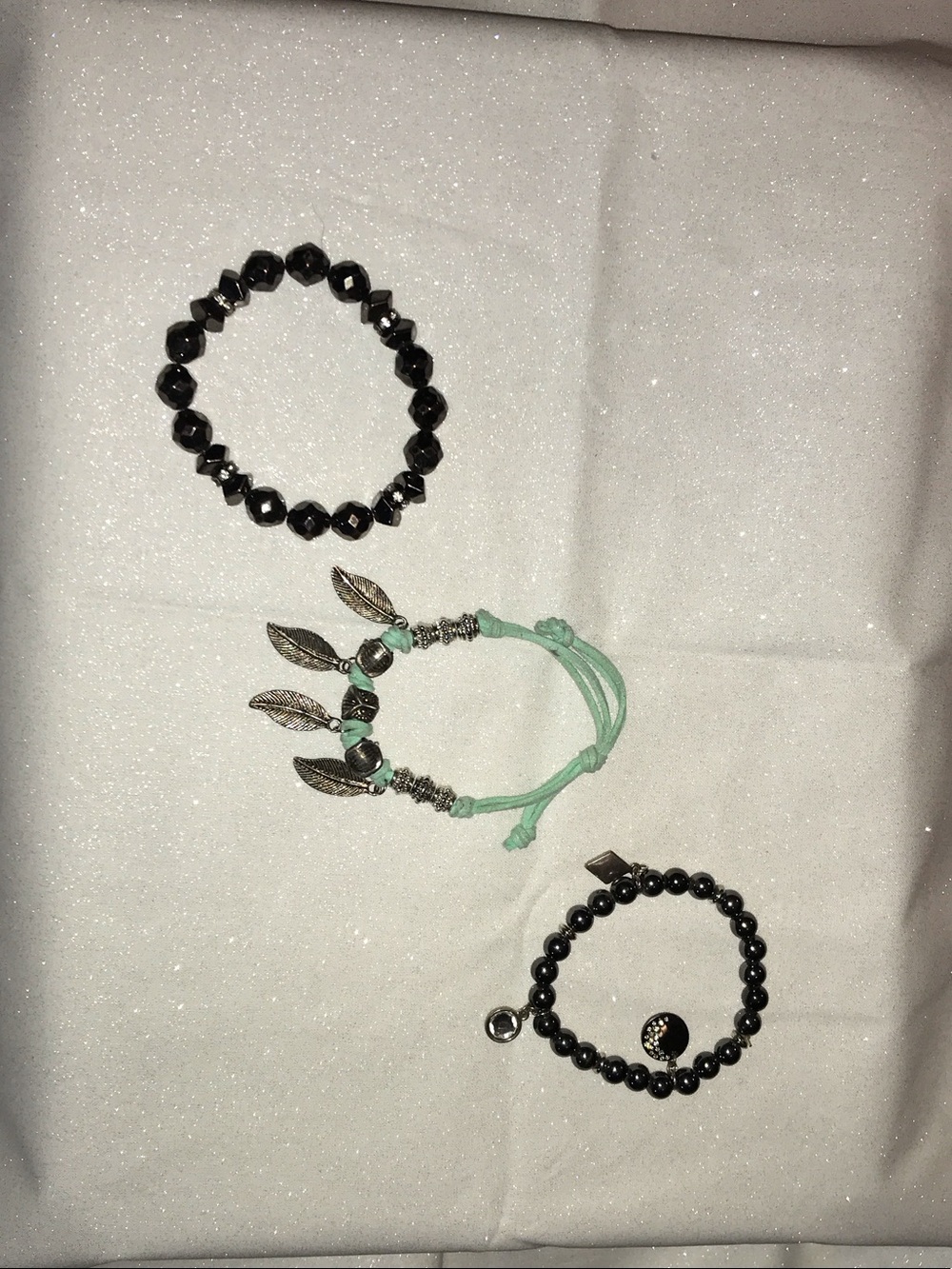 Mint Cord with Silver Leaf Charms and Bronze Stretchy Beaded Stackable Bracelet